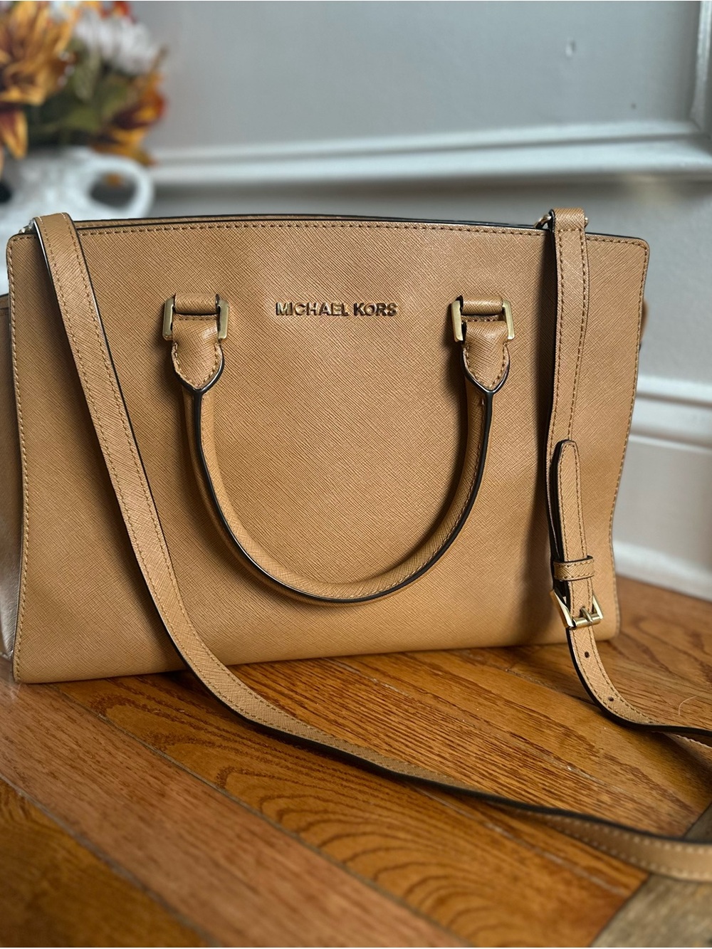 Michael Kors Tan Saffiano Satchel with Crossbody Strap